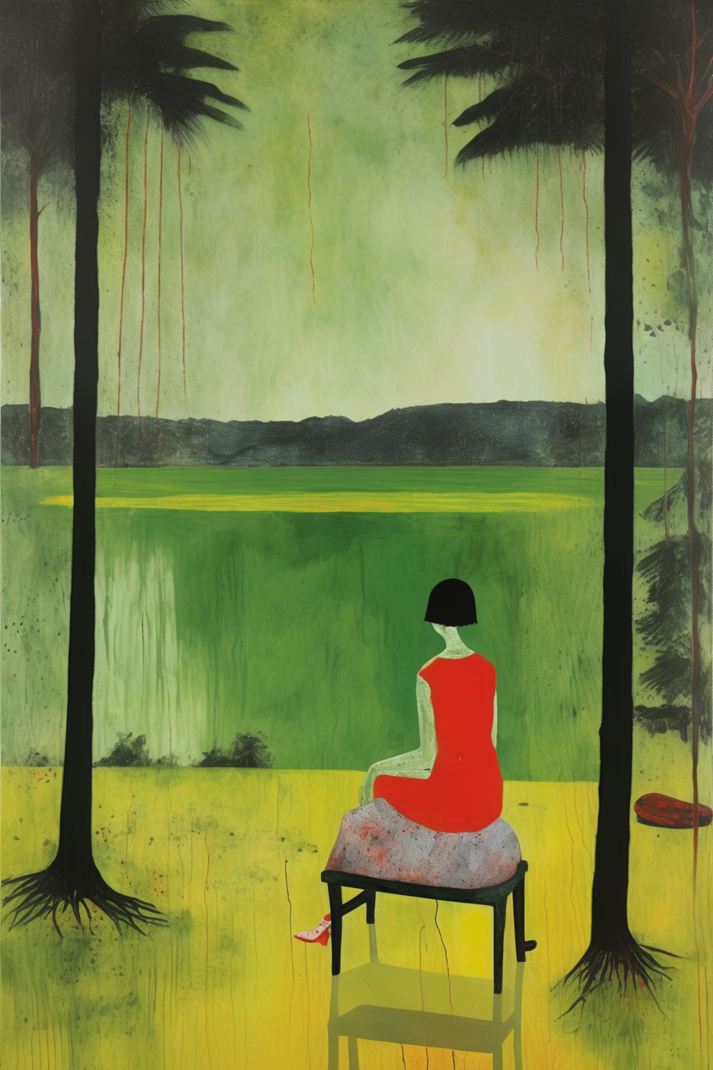 00474-1424382119-_lora_Peter Doig Style_1_Peter Doig Style - A landscape painting in the style of Peter Doig, including a seated woman with a lar.png